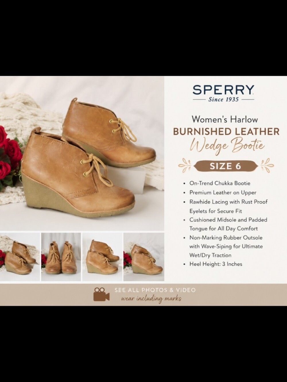 SPERRY Women's Harlow Burnished Leather Wedge Bootie 6